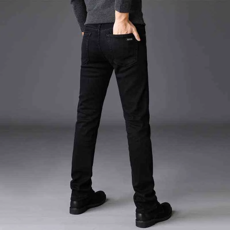 Shan Bao Winter Brand Freate Stretch Pure Black Jeans Classic Style Men's Fashion Flece Толстые теплые тонкие джинсы 211206