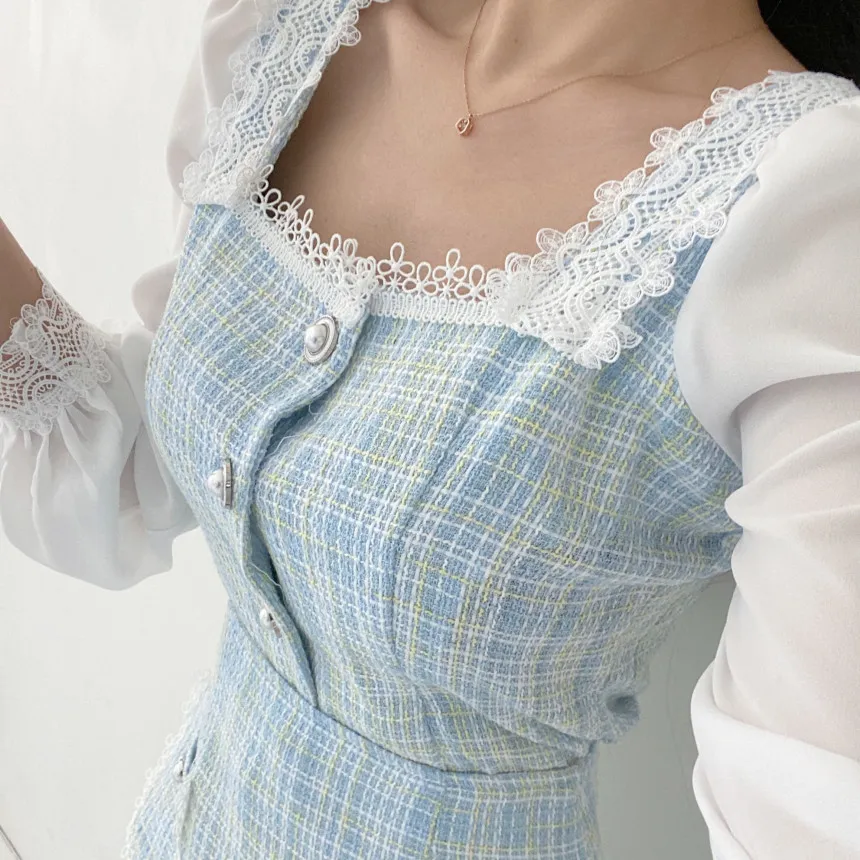 Corea primavera moda temperamento dulce gasa patchwork tweed elegante cuello cuadrado top + cintura alta mini falda traje 210518