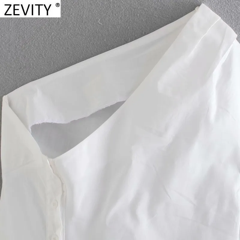 Zevity女性ファッションシングルショルダーホワイト非対称スモックブラウスレディースバックボタンプリーツフェミニナスシャツシックトップスLS9306 210419