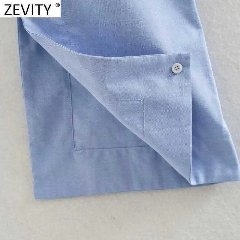 Zevity Women Fashion Pocket Patch Business Smock Blouse Femme Split Långärmad Bröst Kort Skjorta Roupas Chic Toppar LS9109 210603