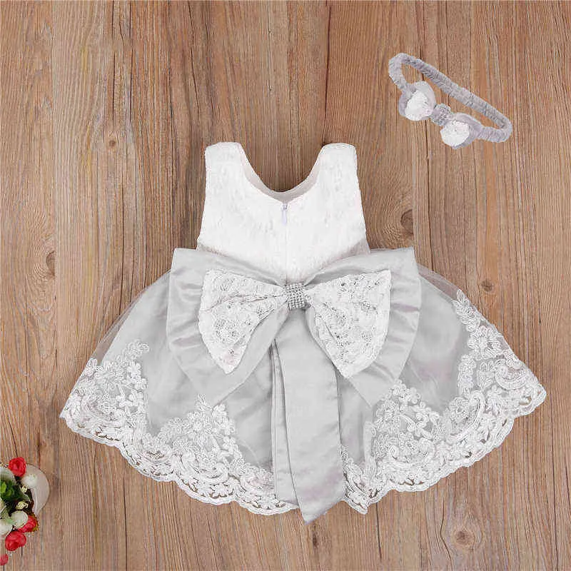 2021 neugeborenes Baby Prinzessin Mädchen Kleid Stirnband 6 Farben Ärmellose Spitze Bogen Blumen Kleid Hochzeit Party Kinder Kleidung 0-24M G1129