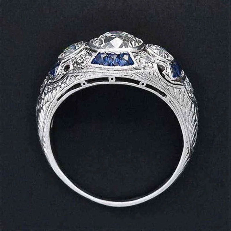 925 Anillos Silver Retro Court Full Cubic Zirconia Ring för kvinnor Ladies Elegant Blå Kristall Ringar Bankett Sapphire Smycken 211217