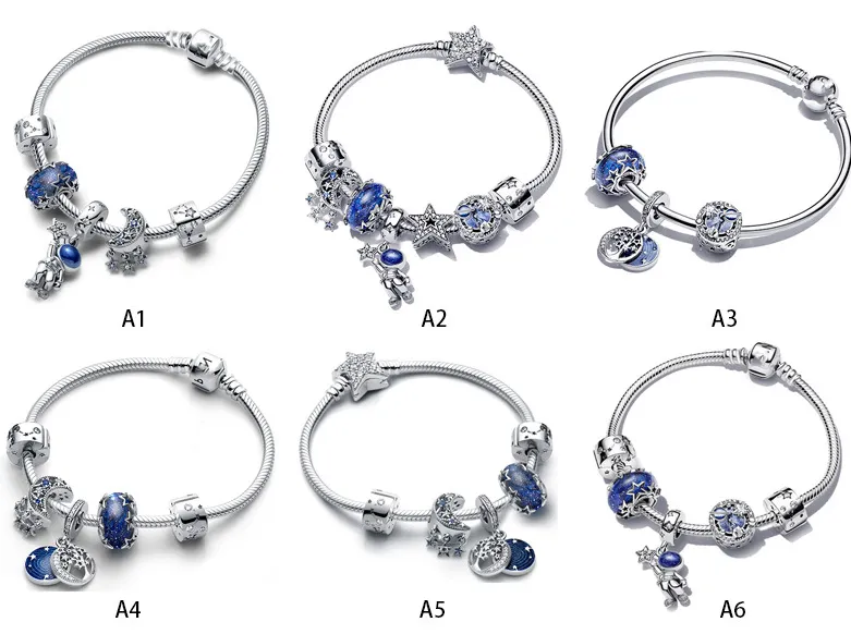 Véritable S925 Sterling Silver Fit Pandora New Galaxy Astronaute Étoile Mignon Bracelet DIY Perle Amour Coeur Bleu Crysta Charme Pour Bracelet DIY Perles Charmes