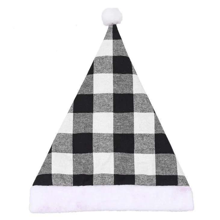 Pom Plaid Plush Hat Christmas Party Dress Up Decoration Santa Cap Gift Adult SN3455