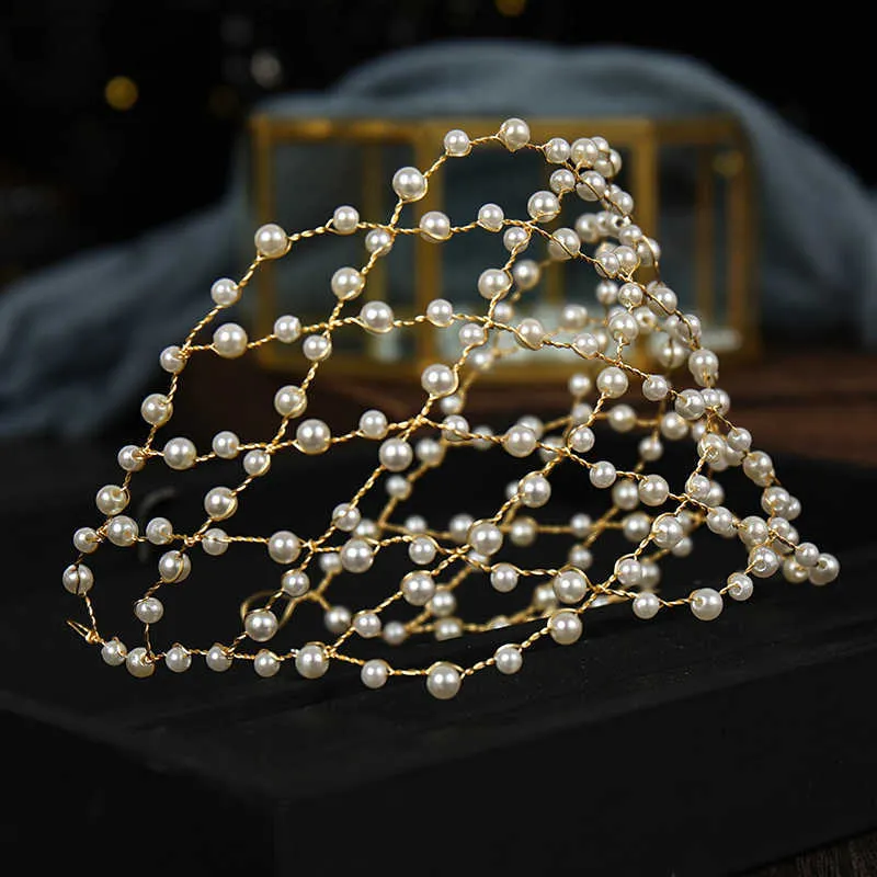 Vintage Baroque Gold Pearls Tiaras Headbands Handmade Bridal Wedding Hair Accessories bands Vines Women Jewelry 211019312F