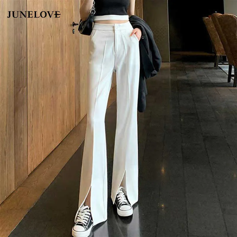 Vintage Long Flare Pantalon Femmes Coréen Streetwear Sexy Haute Taille Élastique Pantalon Lady Split Blanc Noir Cloche Bas 210915