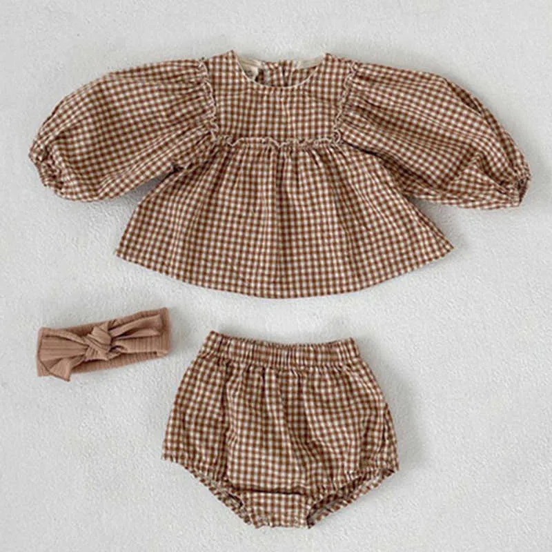 Bärenführer Herbst Säugling Baby Casual Kleidung Mode Plaid Kleinkind Mädchen Jungen Kleidung Set Koreanische Stil Outfits Für 0-2 Jahre 210708