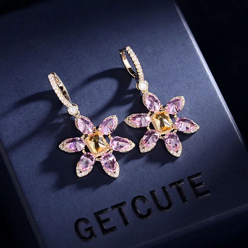 2021 tendance marque bijoux luxe mariage fleur boucles d'oreilles cubique zircone balancent tempérament doux boucles d'oreilles pour les femmes