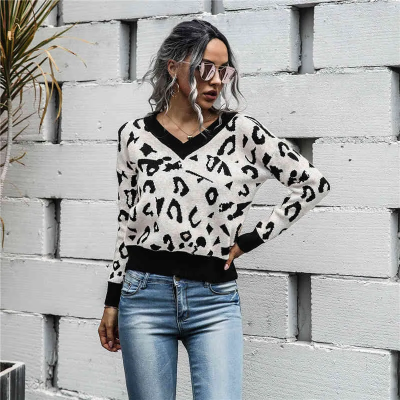 Kvinnors höst vinter stickade tröjor V-Neck Pullover Leopard Print Långärmad Sticka tröja Lossa Toppar 210520