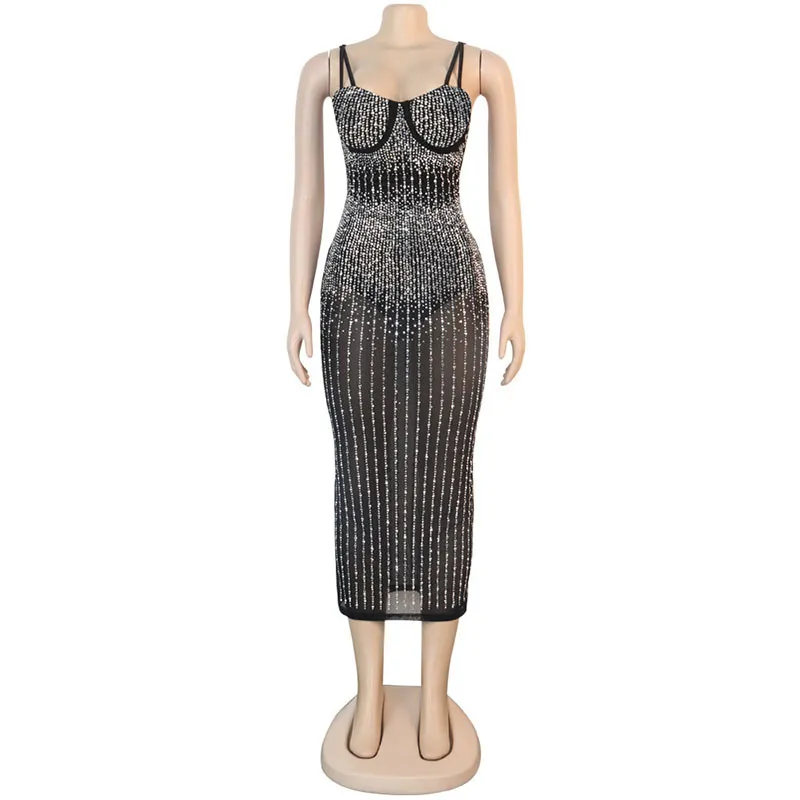 Kricesseen Sexy Sequin Glitter Crystal Midi Jurk Vestido Dames Mouwloze Strap Bodycon See Through Party Club Jurken X0521