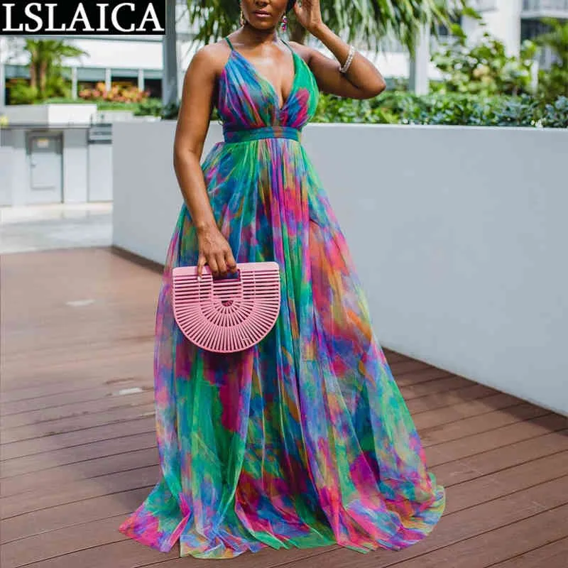 Satış Yaz Elbise Derin V Boyun Backless Afrika Stil Baskı Büyük Salıncak Moda Askı Kadınlar Için Parti Uzun Robe 210515