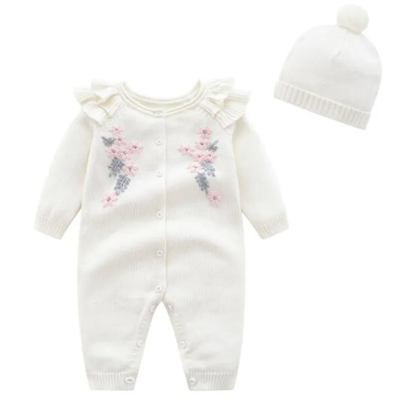 Kids Spring Autumn Girl Embroidery Rompers + Hat Baby born Clothes 210429