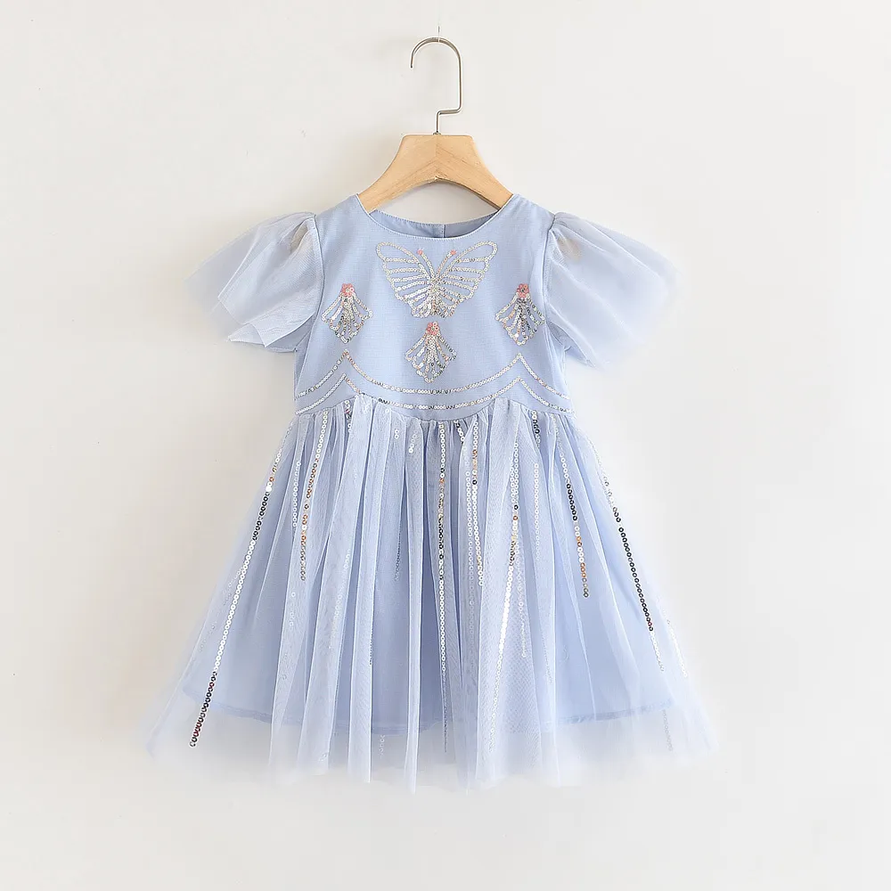 Robe d'été pour filles, motif papillon, fil à paillettes, col rond, sans manches, vêtements pour enfants 210515