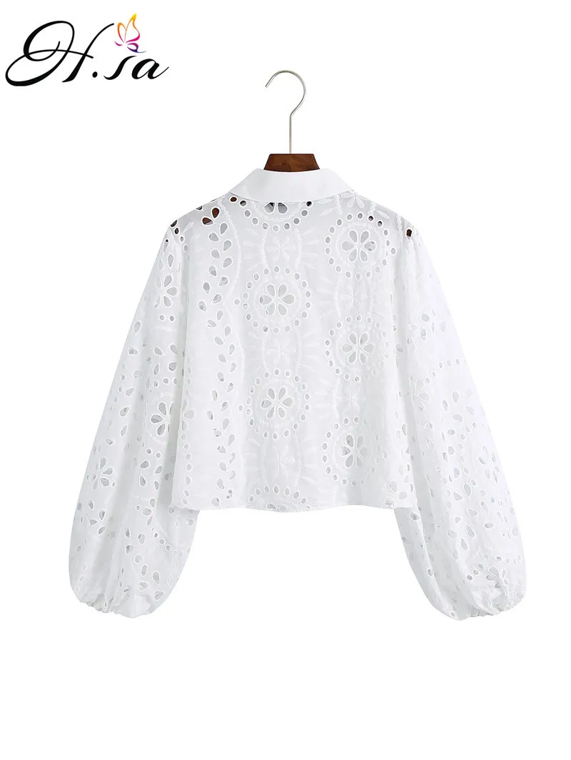 HSA女性の白いブラウスレースの花かぎ針編みのパフスリーブコットンボーシャツBlusas Roupa Feminina Outwear 210430