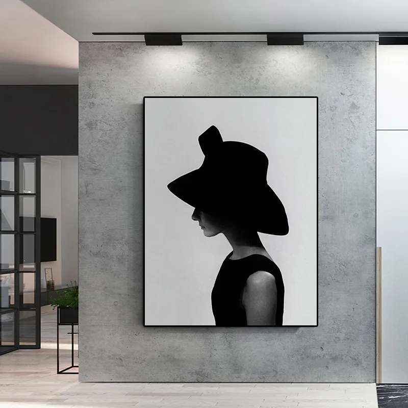 Czarno -biała ścienna sztuka na płótnie plakaty portretowe i grafiki Audrey Hepburn Girl Wall Picture do dekoracji salonu