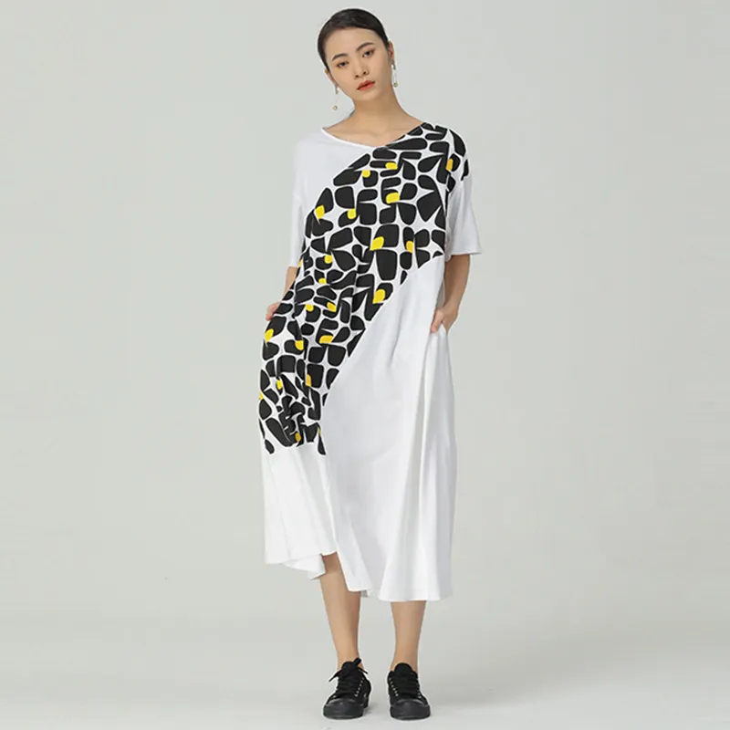 [EAM] Women Black Patchwork Floral Pattern Big Size Long Dress V-Neck Short Sleeve Loose Fashion Summer 1DD6710 210512