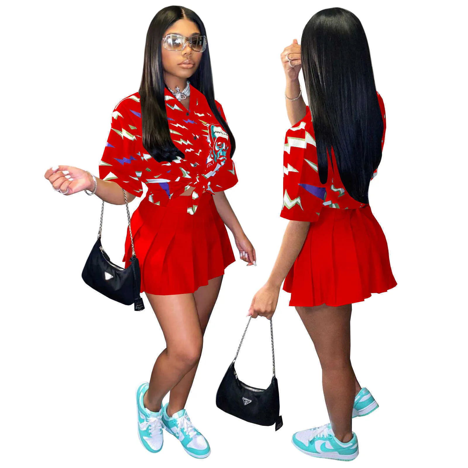 Women Two Piece Dress Tracksuits Summer Digital Skull Print Loose Button Shirt Pleated Fashion Sexy Short Skirt V-neck Club Party Dresses Outfit