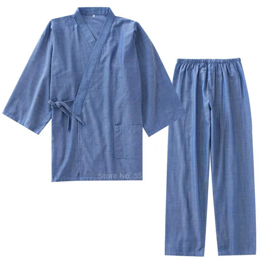 Tradycyjny Kimono Sleepwear dla Mężczyzn Kobiety Czysta Bawełna Luźny Styl Kąpiel Yukata Topy Spodnie Piżamy Ustaw Pary Koszula nocna 210809