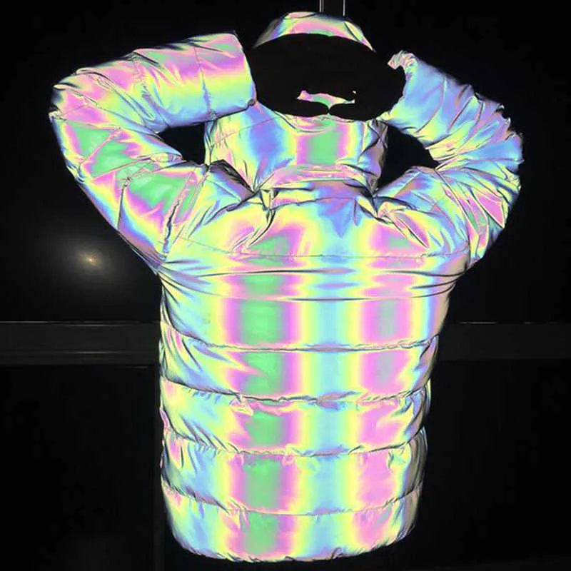 Détachable À Capuche Réfléchissant Veste Lâche Glowing Parka Hiver Femmes Lumineux Casual Manteau Rembourré Hoodies Chaud Streetwear 210531