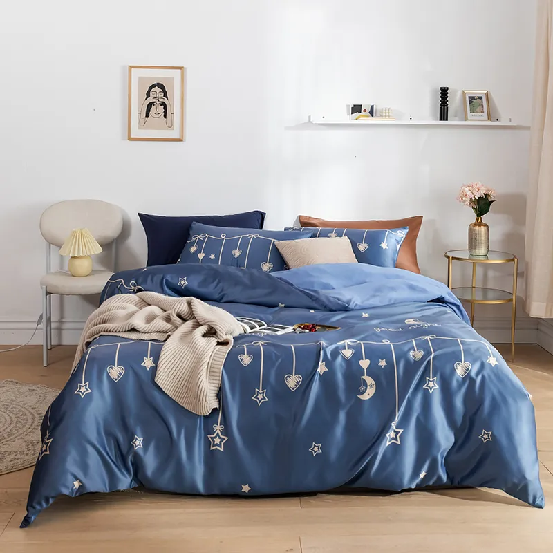 Nordic Wash Ice Fabric Floral Bedding Set Duvet Cover Drottning King 220x240 Sängkläder Lakan Linne 150 Bekväm
