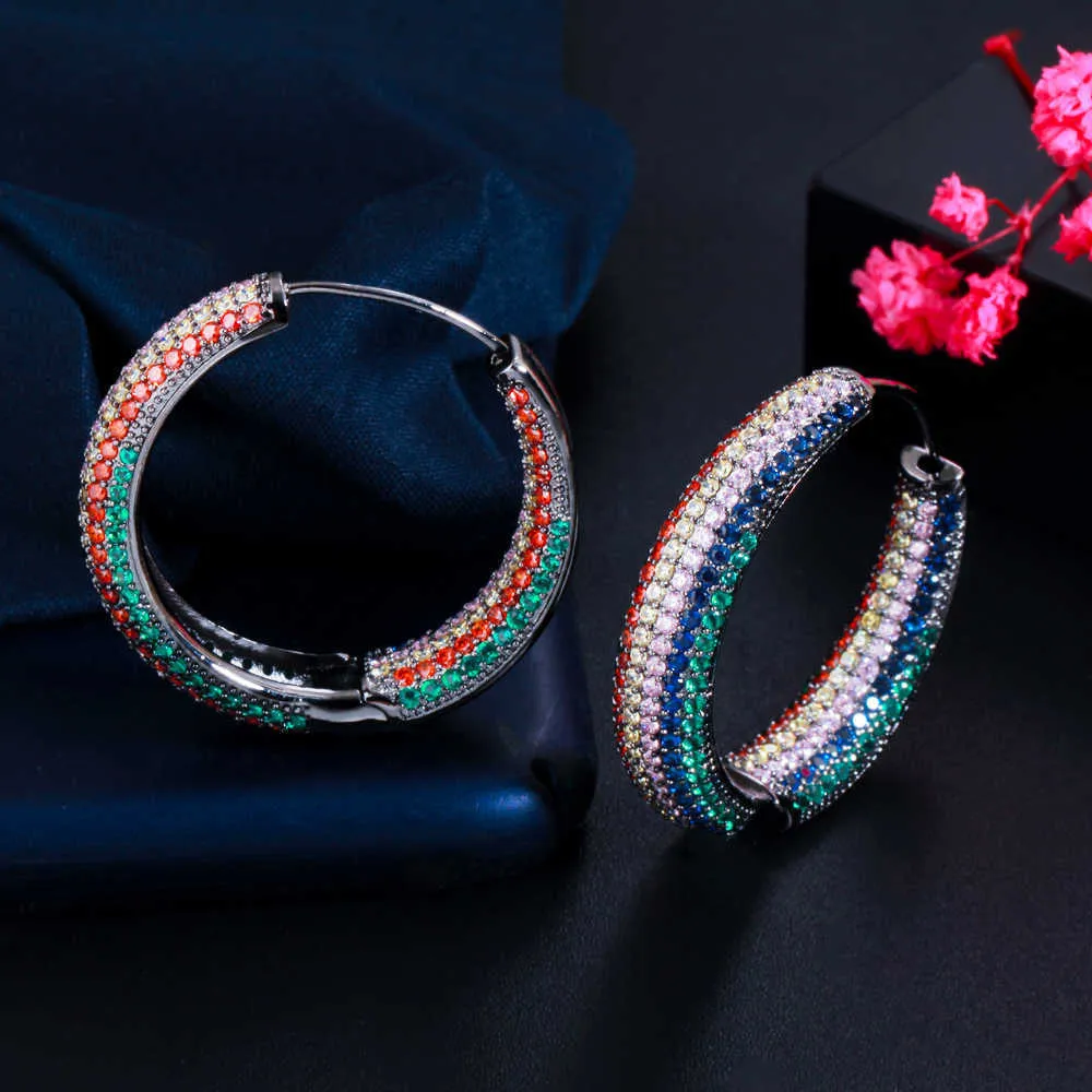 Black Gold Color Blue Red CZ Pave Setting Round Large Hoop Earrings for Women Statement Party Wedding Jewelry CZ832 210714