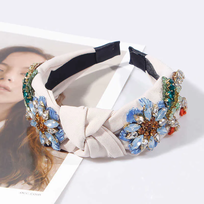 Embroidery Flower Headbands For Women Girls Crystal Rhinestone Hairbands Top Knotted Crown Hair Hoop Handmade Hair Accessories X0722