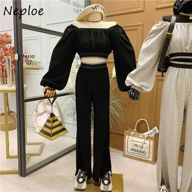 Neploe Loose Causal Slim Women Set Slash Neck Shoulder Strapless Long Sleeve Top + High Waist Hip Straight Pant Solid Suit 210423