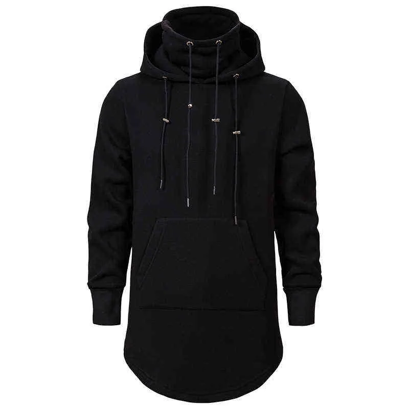 Männer Slim Long Abschnitt Hoher Kragen Kapuzenpullover Man Extend Gebogener Saum Solide schwarze Baumwolle Casual Pullover Hoodies 211217