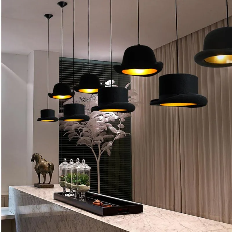 Modern Black LED E27 Pendant Lights Magician Fabric Bowler Tall Hat Lamps Lighting Clothing Store Decoration Fixtures1995