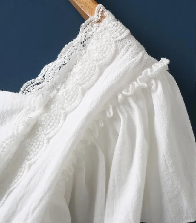 Ethnic Lace Spliced Flower Embroidery White Dress Holiday Elastic Waist Wood ears Ruffles Short Sleeve Midi Women 210429