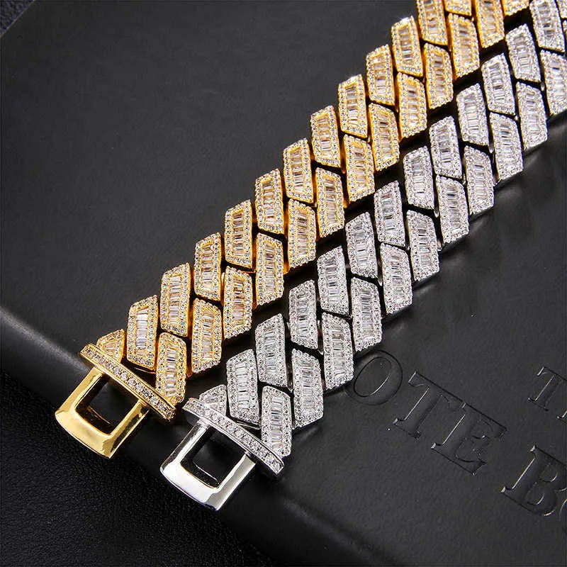 Hip Hop 21MM 3 rangées Baguette broches chaînes cubaines Bling glacé CZ réglage AAA + zircon cubique boîte boucle collier hommes bijoux