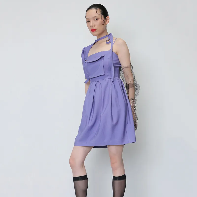 [EAM] Kvinnor Bandage Bow One-Shoulder Pocket Sling Klänning Halter Half Sleeve Loose Fit Fashion Spring Summer 1DD2413 210512