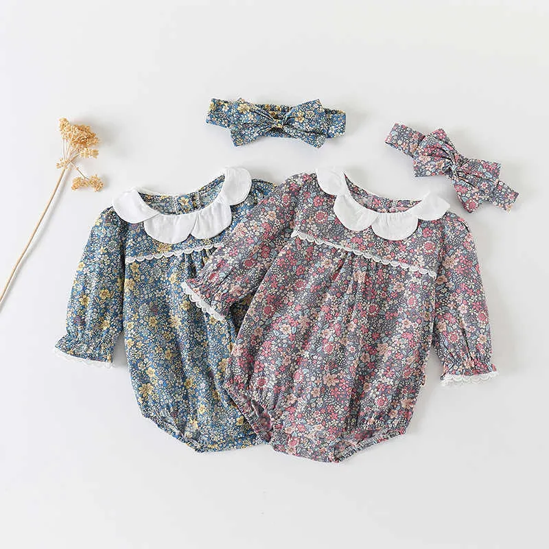 Bebek Bebek Tulum Kız Çiçek Pamuk Tulum Çocuk Vintage Elbise Giyim Giyim Sonbahar Kıyafetler Doğan Romper 210615