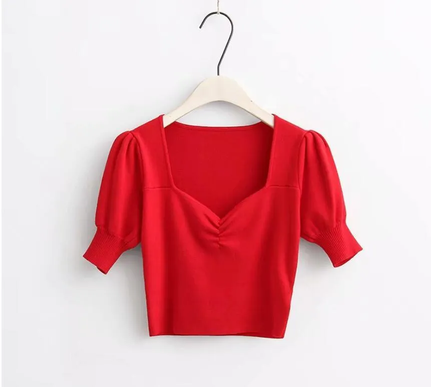 Vintage Dantelli V Boyun Kısa Puf Kollu Örgü T-shirt Kadın Slim Fit Örme T Gömlek Sıkı Tee Retro 4 Renkler Tops 210429