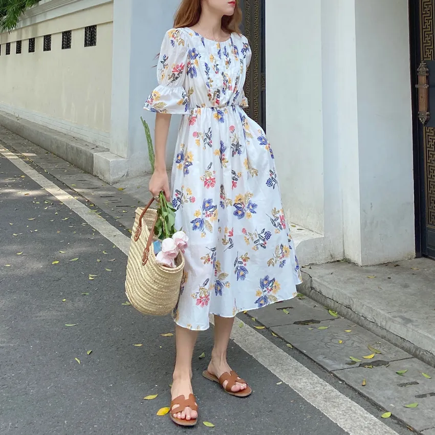 Summer Vintage Floral Printed Women's Long Dress High Waist Ruffles Sleeve O-Neck Beach Female A-Line 210428