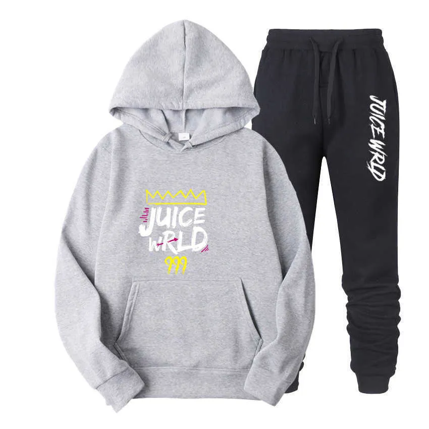 Conjunto de 2 peças agasalho masculino feminino Rapper Juice Wrld moletom terno moletom com capuz + calça de moletom Jogging Homme pulôver Sportwear X0610