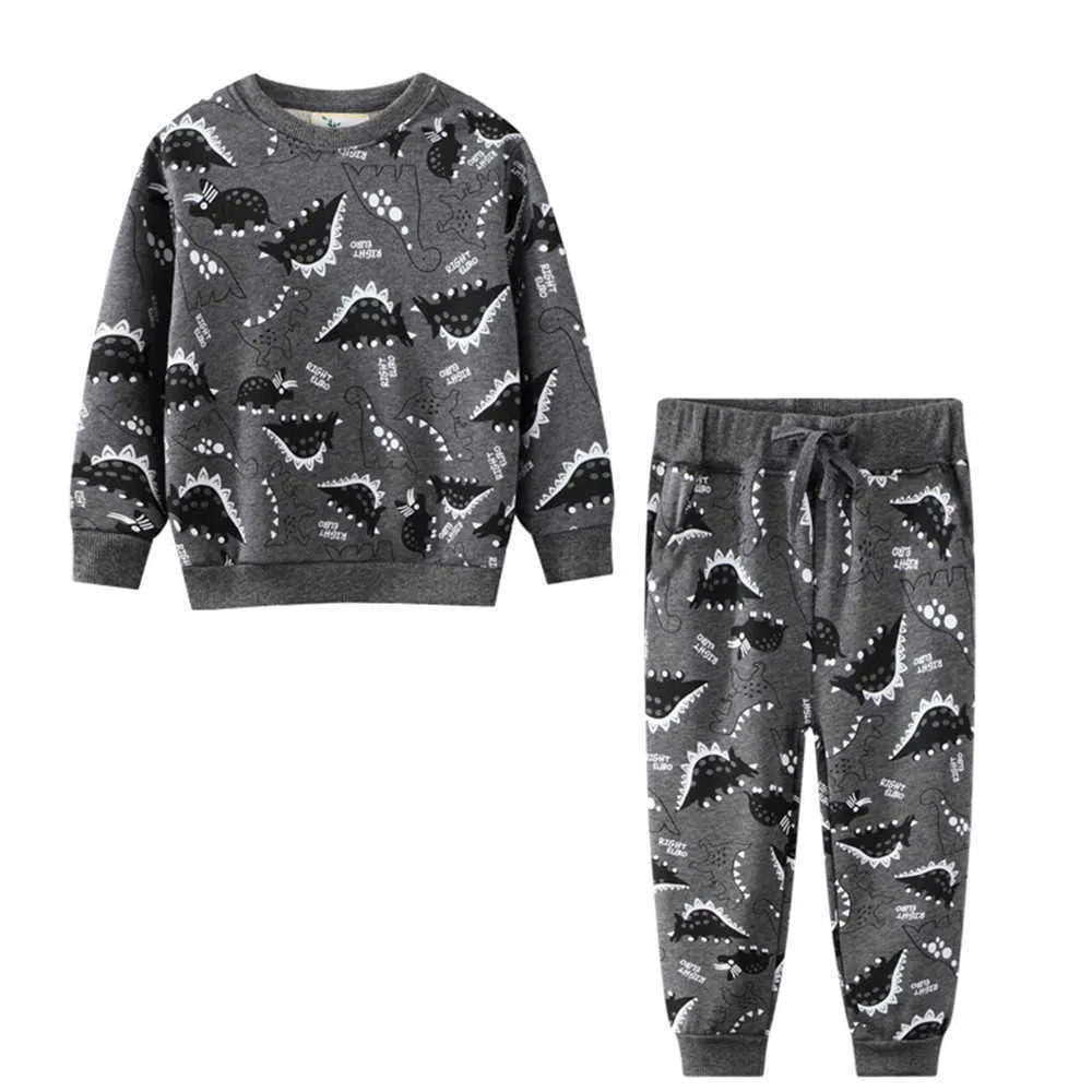 ジャンプメーター冬秋男の子女の子恐竜プリント綿衣料品ファッションスウェット+スウェットパンツ衣装210529