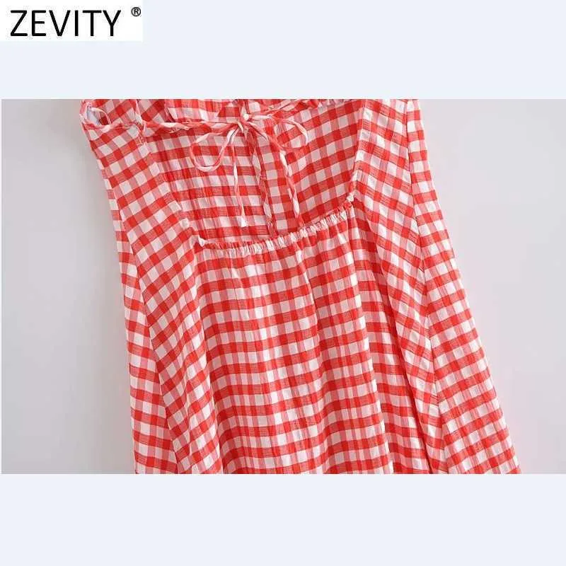 Zevity Women Vintage V Neck Red Plaid Print Breasted Sling Midi Dress Female Sexy Backless Lace Up Vestido Summer Dresses DS8351 210603