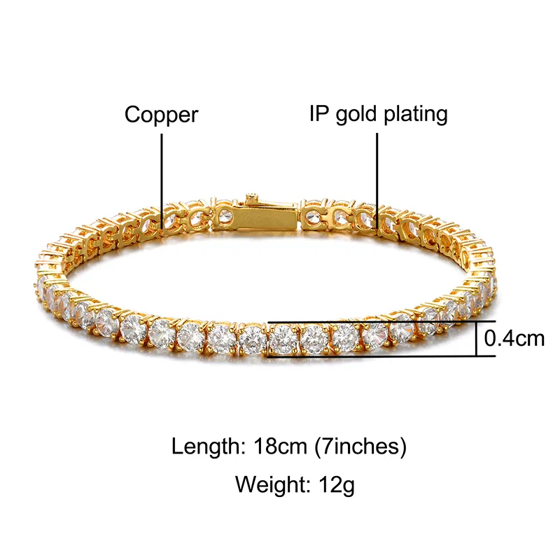 Bracelet de chaîne de Tennis en Zircon cubique glacé, 1 rangée de 3/4/5mm, pour femmes et hommes, couleur or, bijoux à breloques Hip Hop