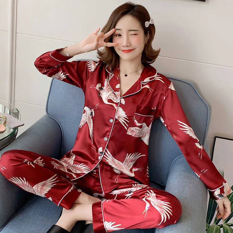 Mulheres cetim seda pijama conjuntos adultos primavera outono ar falso de seda flor impressão sleepwear camisa de manga comprida e pant nighties 210622