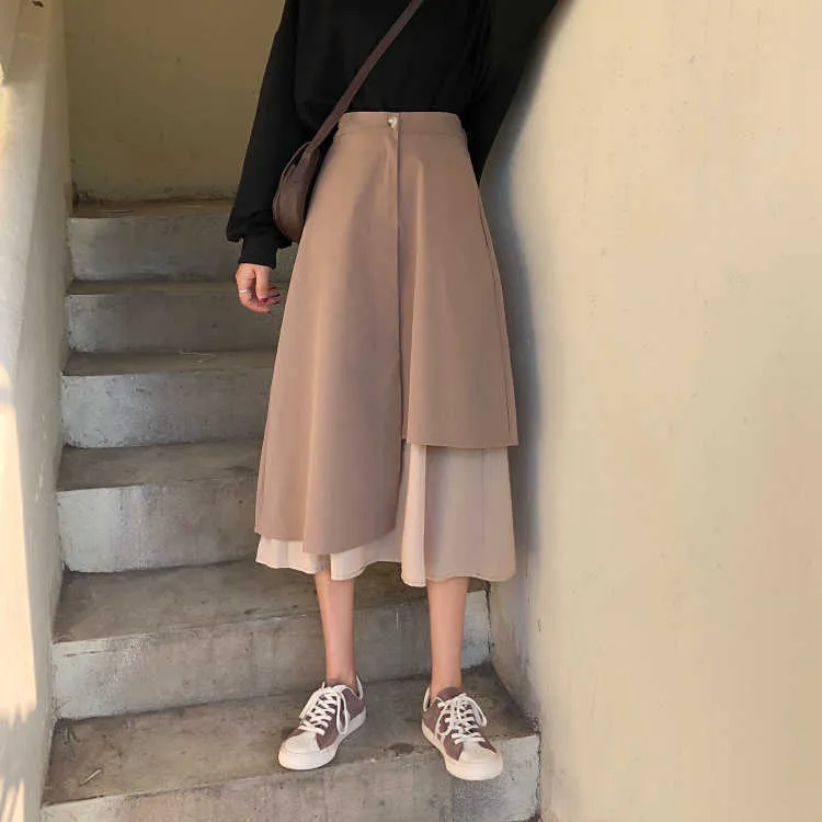 Mi-longueur rétro japon a-ligne taille haute patchwork jupes irrégulières femmes étudiant occasionnel mujer faldas wrap hip mode mode sauvage 210610