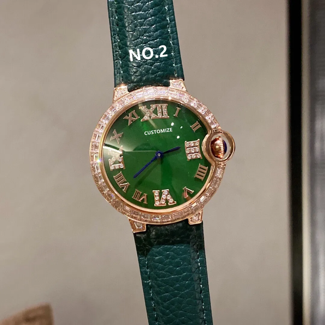 Berühmte Damen-Quarzuhr, Edelstahl, grünes römisches Ziffernblatt, Damen-Doppelkristall-Eisdiamanten-Uhr, echtes Leder, 36 mm