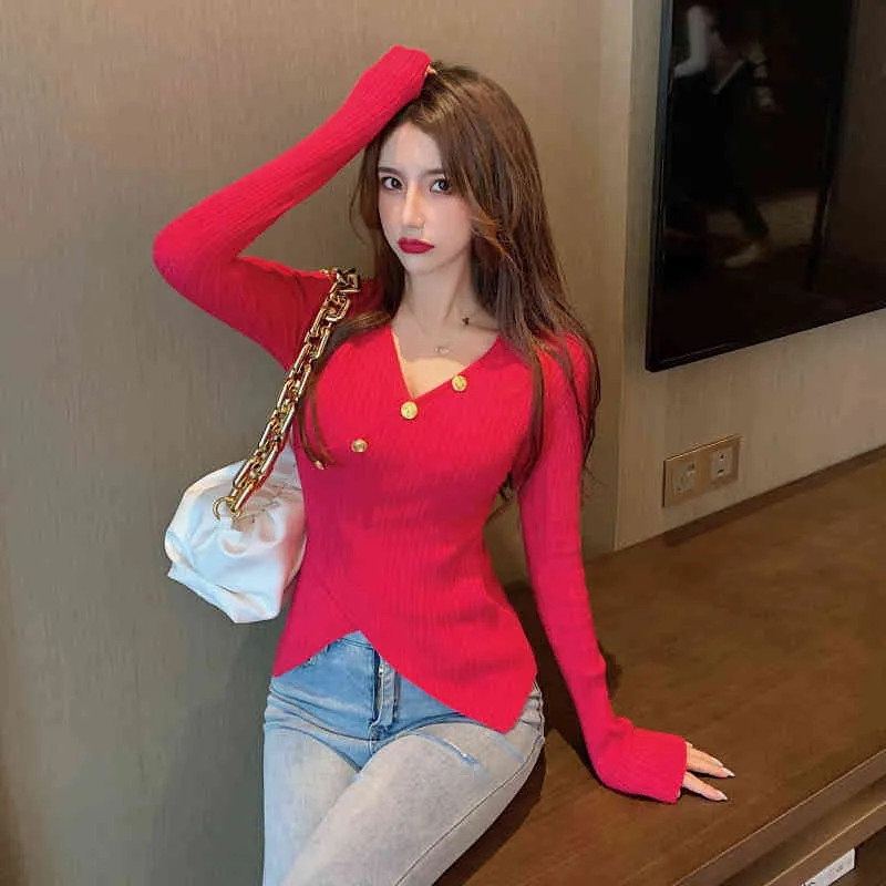 春の秋の女性のセーター韓国風のVネック慎重に機械ベースのシャツセクシーなスリム女性ニットトップスLL733 210506