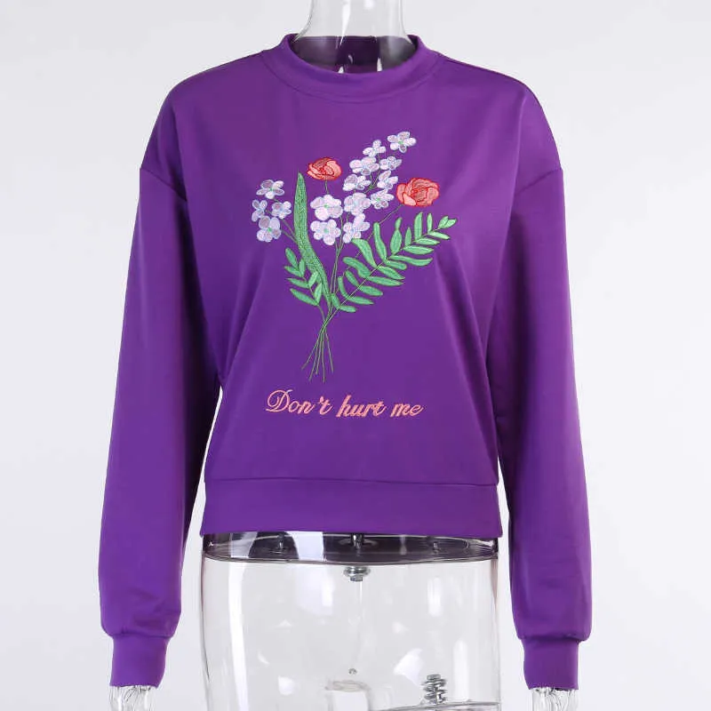colysmo crewneck sweatshirt 자주색 꽃 긴 소매 풀오버 수 놓은 Hoodie 캐주얼 스트리트웨어 가을 여성 의류 210527