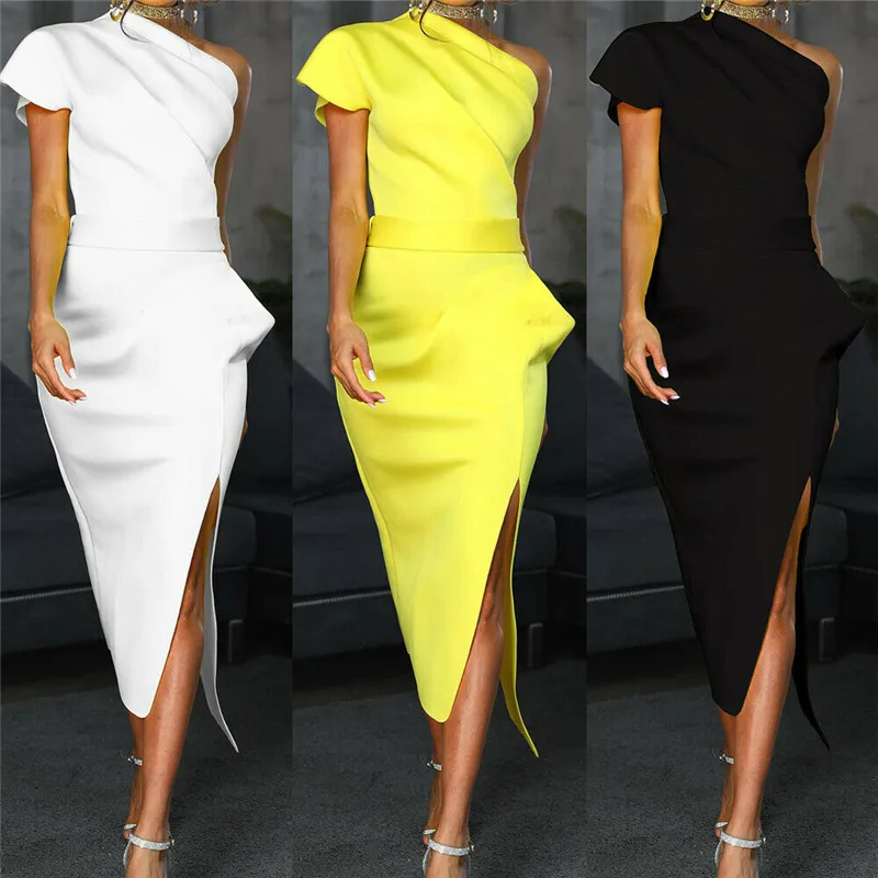 Women Dress Bodycon One Shoulder Office Ladies Party Evening Midi Sheath Female Bandage Bag Hip Split Sale Summer Clothing 210522