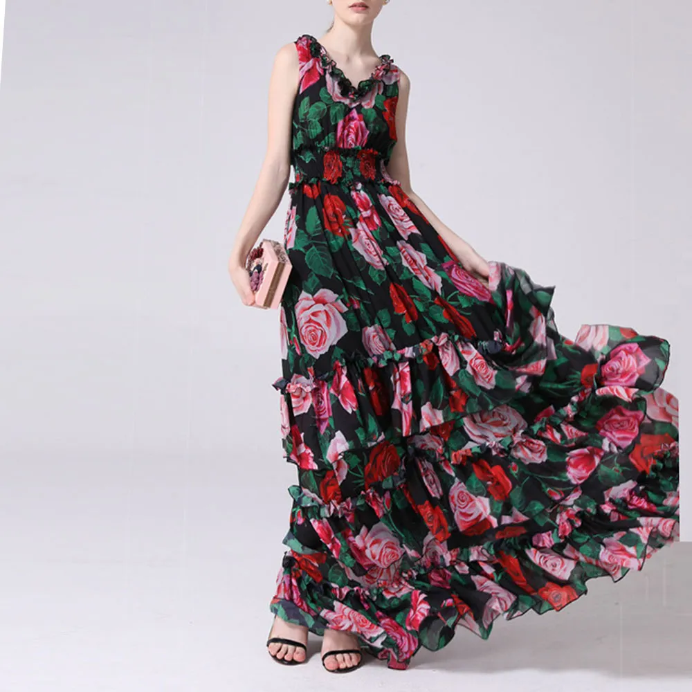 Été grande taille Maxi robe femmes taille élastique couche à plusieurs niveaux ourlet Rose imprimé fleuri Vintage élégant longue designer 210421