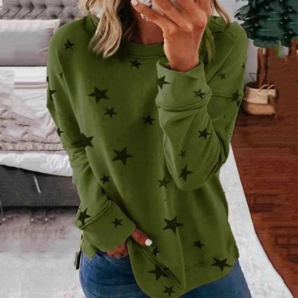 ZITY Jodimitty Hoodies Star Print Automne Mode Casual Sweat Ouvert Côté Poleron Mujer Harajuku Lâche Femmes O Cou À Capuche 210729