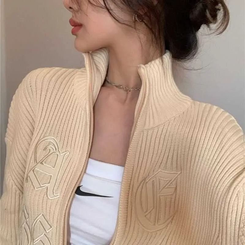 Carta Bordado Sweater Oversized Mulheres Suéteres Zip-Up Manga Longa Solta Cardigan Coreano Chic Knitwear Outerwear Y2K Tops 211007