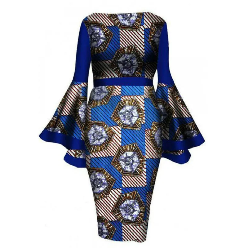 Vestidos Impressos Floral Longo Flare Mangas Vintage Feminino Bodycon Vestido Cintura Alta Cintura Africano Mulheres Grande Senhoras Moda Outono 210416