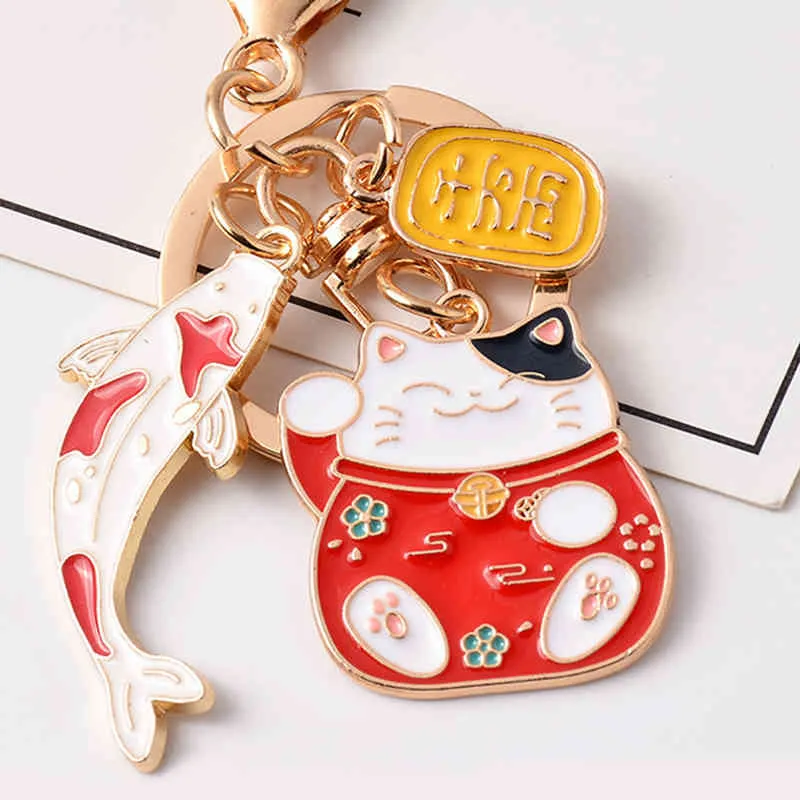 Porte-clés chat porte-bonheur, dessin animé japonais, porte-clés de voiture pour femmes, pendentif de sac, 2021
